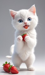 cute white baby cat with cute big blue eyes, holding a red big strawberry in his hand, eating
