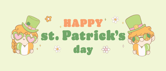 Groovy st patrick's day banner, cute happy leprechauns hold heart cartoon doodle drawing.