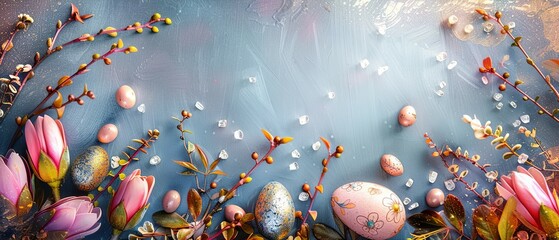 Sunlit Easter Bliss - Eggs Nestled in Tulips, Adorned with Golden and Pink Elegance on a Blue Table. Made with Generative AI Technology - obrazy, fototapety, plakaty
