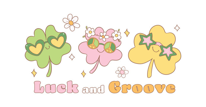 Groovy st patrick's day banner, cute disco clover leaves shamrock group cartoon doodle drawing.