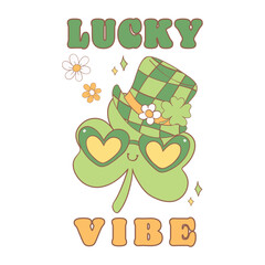 Groovy st patrick's day, green lucky clover leaf with hat cartoon doodle drawing.