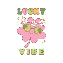 Groovy st patrick's day, pink lucky clover leaf with hat cartoon doodle drawing.