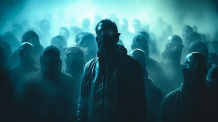 A crowd of people wearing medical masks on a gloomy dark background. Social problem, consequences of nuclear war, Epidemic, zombie apocalypse concepts.