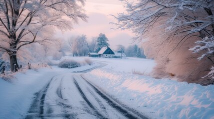 Snow-covered country road through the fields after a blizzard at sunset. Old rustic house in the background. Winter rural scene. Dramatic sky, colorful cloudscape
