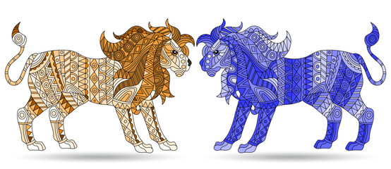 A set of illustrations in the style of stained glass with abstract lions, animals isolated on a white background, tone blue and brown