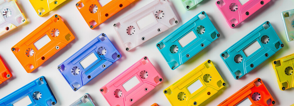 hundreds of colorful painted plastic cassettes