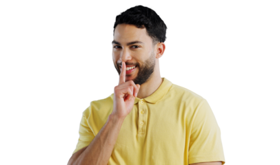 Man, portrait and silent for secret, happy and noise control with hush and secret of information for human resources. Happy person, face or quiet for hiring or isolated on transparent png background