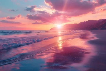 Photo sur Plexiglas Coucher de soleil sur la plage a beautiful photo of orange pink sunset on the beach with bright flare and hills