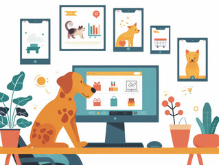 Pets managing an online store with dogs handling logistics on computers and cats overseeing marketing on phones