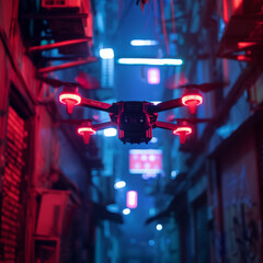 Fototapeta na wymiar Through dark cyber alleys a neon hackers drone scouts for VR vulnerabilities a beacon of security