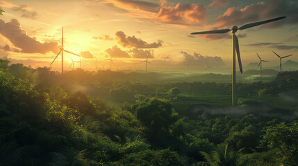 Wind turbines towering over a lush green landscape at sunrise symbolizing a new dawn of renewable energy