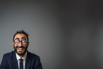 Homme arabe avec des lunettes de vue et un costume d'homme d'affaires, étonné et surpris avec les yeux grand ouverts et très souriant, sur un fond gris avec espace négatif pour texte, copyspace - obrazy, fototapety, plakaty
