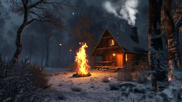 night scene of cabin and fireplace in the forest in the winter, seamless looping 4k time lapse, animation video background