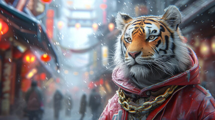 Trendsetting tiger in a bomber jacket, accessorized with gold chains, against a graffiti-filled alley backdrop, lit with streetlamp glow, exuding urban sophistication and edge