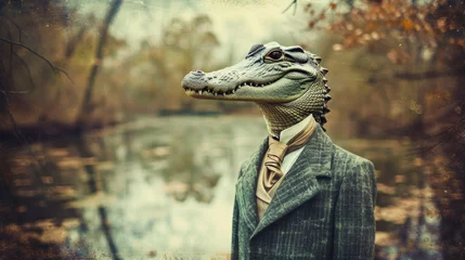 Foto auf Alu-Dibond Couture crocodile in a tailored suit, accessorized with a silk tie, against a riverside chic backdrop, lit with shimmering waters, emanating modern sophistication and allure © Дмитрий Симаков