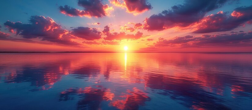 Beautiful view on lake landscape and colorful sunset with water reflection