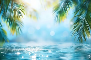 Fototapeta na wymiar Tropical Bliss - Bokeh Lights and Palm Tree Leaves against a Blurred Blue Sky and Sea - Embracing the Summer Vacation Vibe. Made with Generative AI Technology