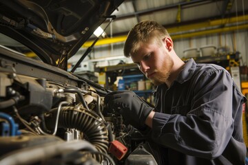 Fototapeta na wymiar Mechanic working on car engine in auto repair shop