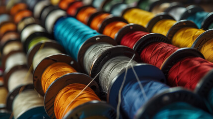 Colorful spools of thread in a row.