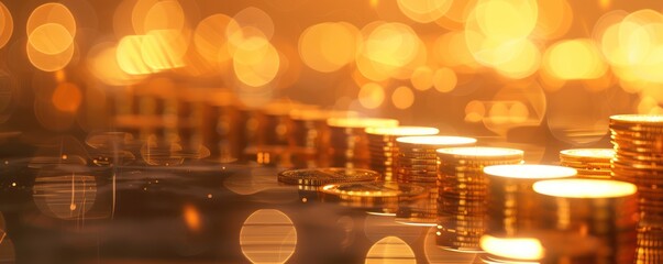 Piles of golden coins form ascending towers on a reflective surface, enhanced by warm bokeh lighting.