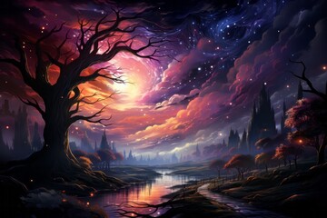 A beautiful painting of a tree in the middle of a river under a starry night sky