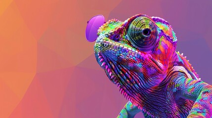 Obraz premium chameleon wearing sunglasses on a solid color background, vector art, digital art, faceted, minimal, abstract, panorama background. Generative AI