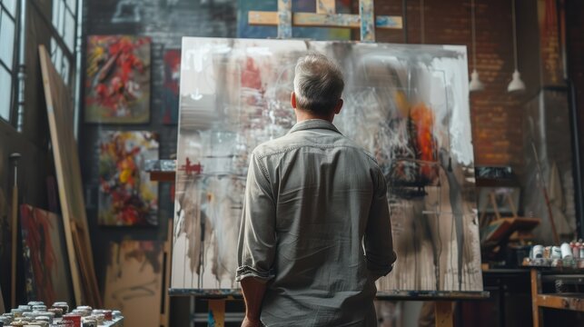 A male painter deeply focused on his work in his studio, bringing his artistic vision to life on canvas.