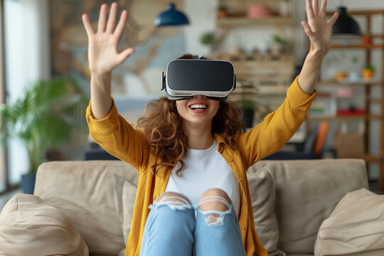 Girl wearing VR  simulator gesturing in living room, virtual reality, entertainment and innovative technology concept.
