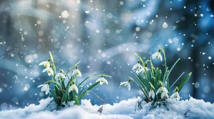 A picturesque spring setting with dainty snowdrop blooms gracing a snowy forest clearing. - obrazy, fototapety, plakaty