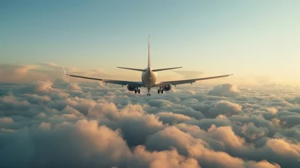 Zelfklevend Fotobehang A passenger plane flying amidst the clouds in the sky. © Andrey