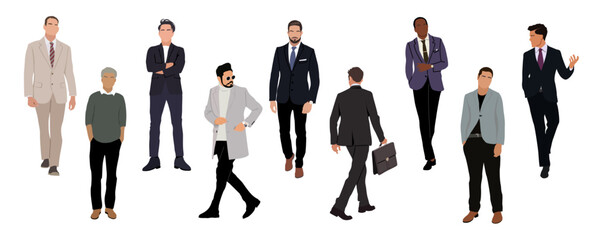 Business men in different poses, walking and standing, wearing formal suits and smart casual outfit, front, side and back view. Multiracial business team. Set of people on transparent background.