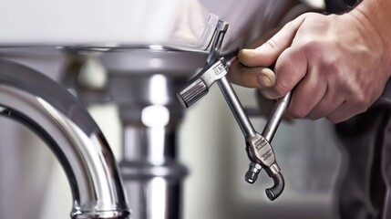 A plumber's skilled hands maneuvering a pipe wrench to adjust the chrome P-trap situated below a white sink
