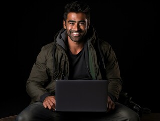 A confident South Asian man sits on a wooden bench with a laptop, smiling at the camera. Generative AI.