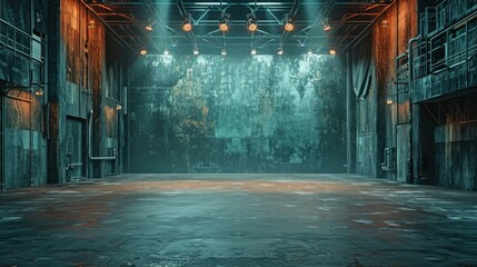 A dimly lit, empty stage in an abandoned warehouse. Generative AI. - obrazy, fototapety, plakaty