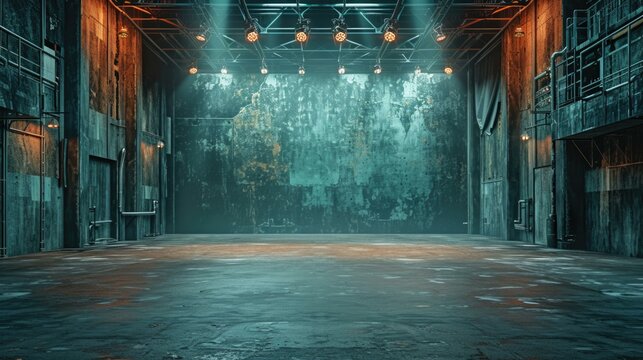 A dimly lit, empty stage in an abandoned warehouse. Generative AI.