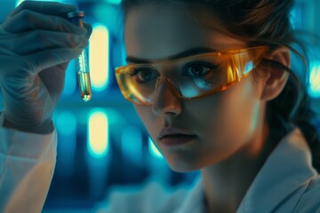 Close up female scientist looking at ampoule with new medication. AI generative - obrazy, fototapety, plakaty