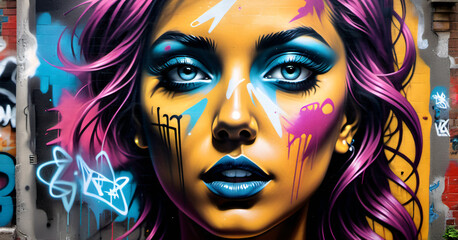 A Painting of a Womans Face on a Wall