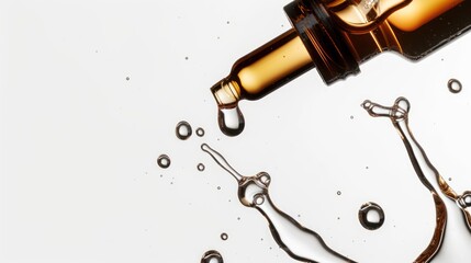 A macro view of a serum dropper and a single drop of skincare product, presented on a white surface.