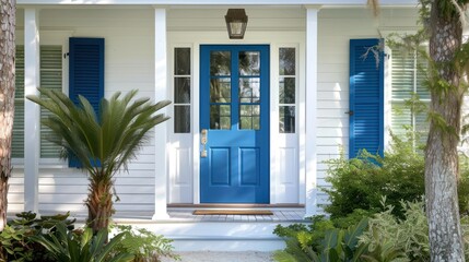 The coastal entryway features shiplap walls, a woven natural fiber rug, and a striking blue door, exemplifying the timeless allure of coastal home interior design.