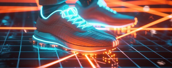 A sneaker adorned with luminous blue lights is positioned atop a futuristic grid embellished with neon line - obrazy, fototapety, plakaty