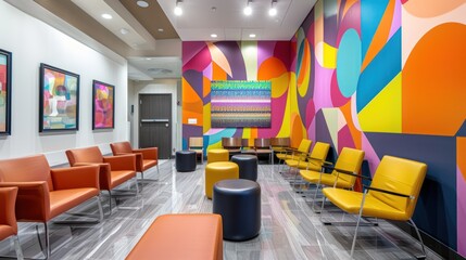 waiting room of a color therapy clinic, modern aesthetics abound, featuring plush seating arrangements and an eye-catching feature wall embellished with vivid, color-blocked patterns.