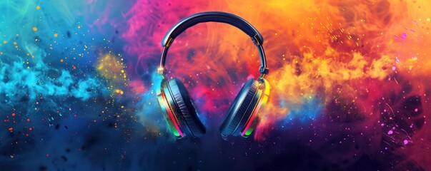 Banner for World Music Day. Headset headphones on vibrant abstract backdrop with musical instruments. - obrazy, fototapety, plakaty