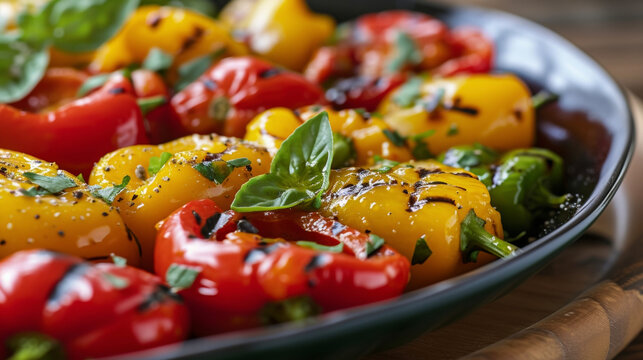 Vibrant peppers fresh off the grill steal the show in this mouthwatering image. A drizzle of golden olive oil adds a touch of sophistication making this dish the perfect addition