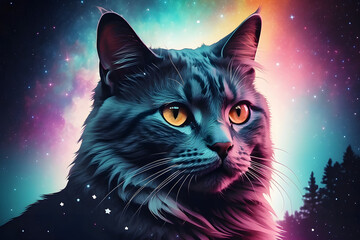 Fototapeta premium Retro Feline Dreamscape: Silhouette of a Cat and Starry Night Double Exposure in Vintage Colors - 80's Minimalist Poster Design