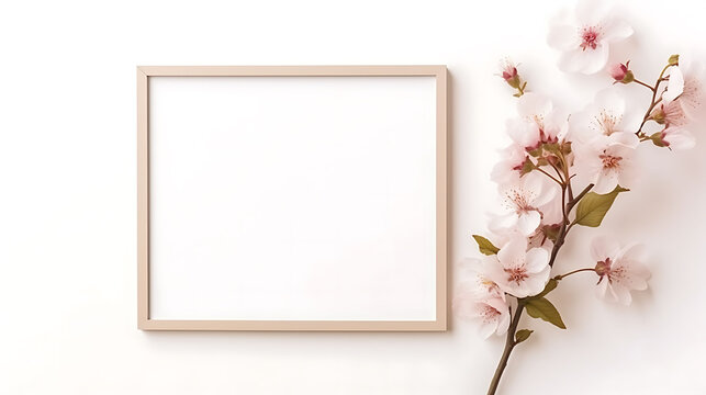 Blank Frame with Cherry Blossoms on White Background, Minimalist Backdrop, Copy Space for Text, Birthday, Anniversary, Mother's Day, New Year, Wishes, Invitation Card