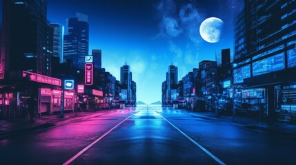 Neon Nightfall: Surreal Urban Street Under the Gaze of a Celestial Moon
