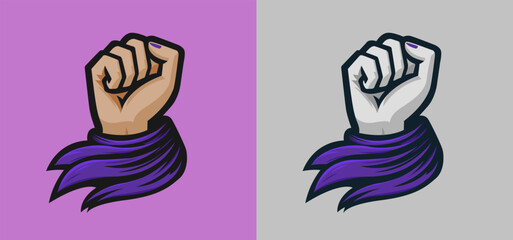 Female Raised Fist with Purple Kerchief, equality protest on women day