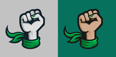 Female Raised Fist with Green Kerchief, vector illustration