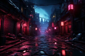 a dark alleyway with red lights on the buildings at night