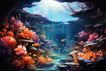 a painting of a coral reef with a waterfall in the background